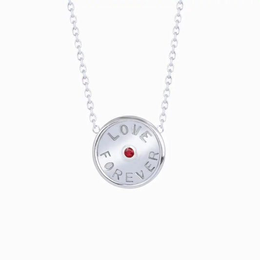 Love Forever Charm Necklace with Natural round Shape Ruby in 18K White Gold Plating over Silver