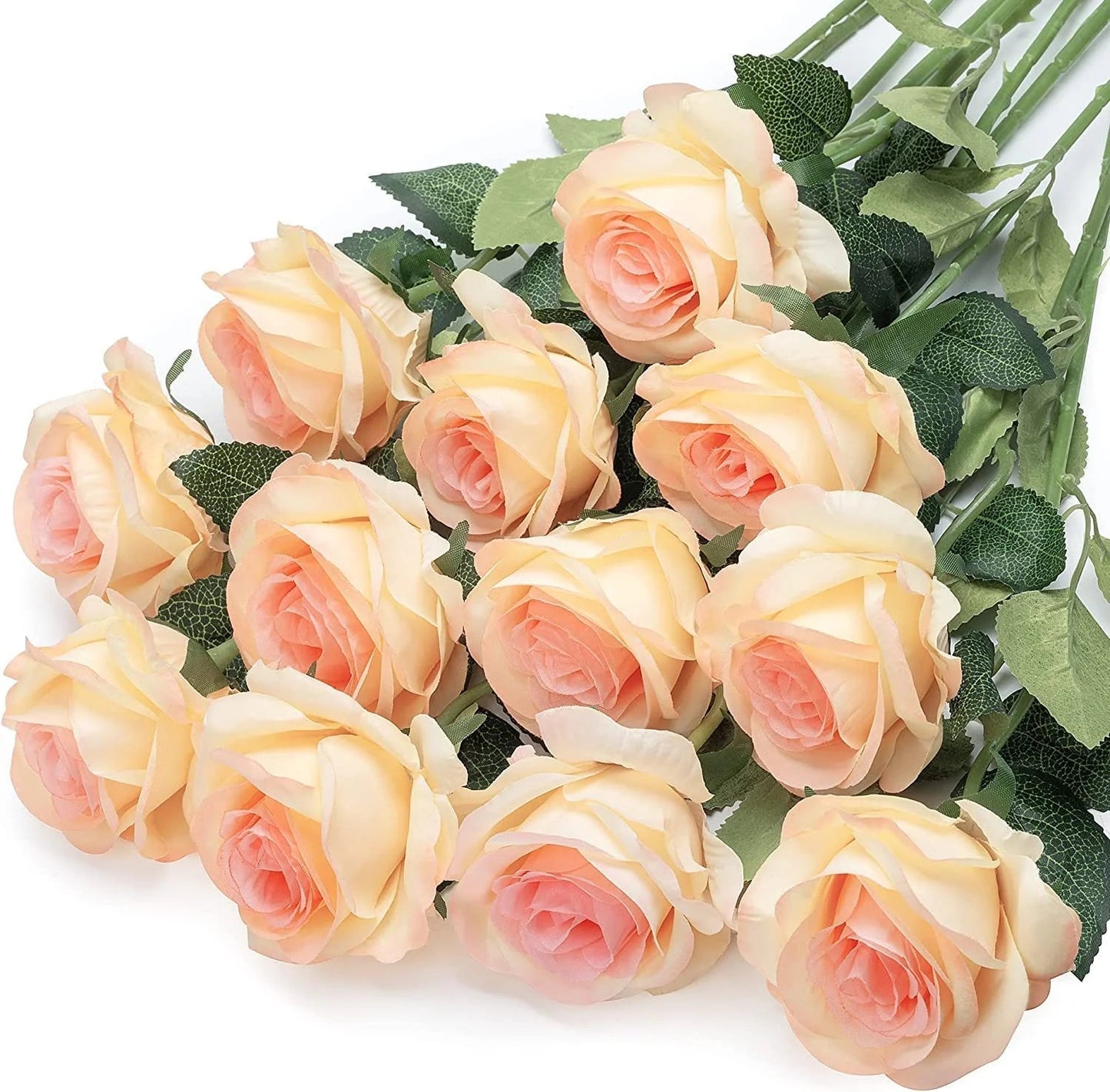 12PCS Artificial Roses Fake Flowers for Decoration, Champagne Silk Roses Single Stem Flowers Artificial Bouquet for Wedding Valentines Birthday Party Arrangment Centerpiece Home Table Decor