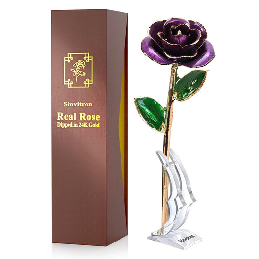 Gold Dipped Rose 24K Real Rose, Long Stem Gold Plated Rose with Stand, Valentines Day Gifts for Her,Gifts for Mom,24K Golden Rose for Anniversary and Mothers Day, Birthday (Purple)