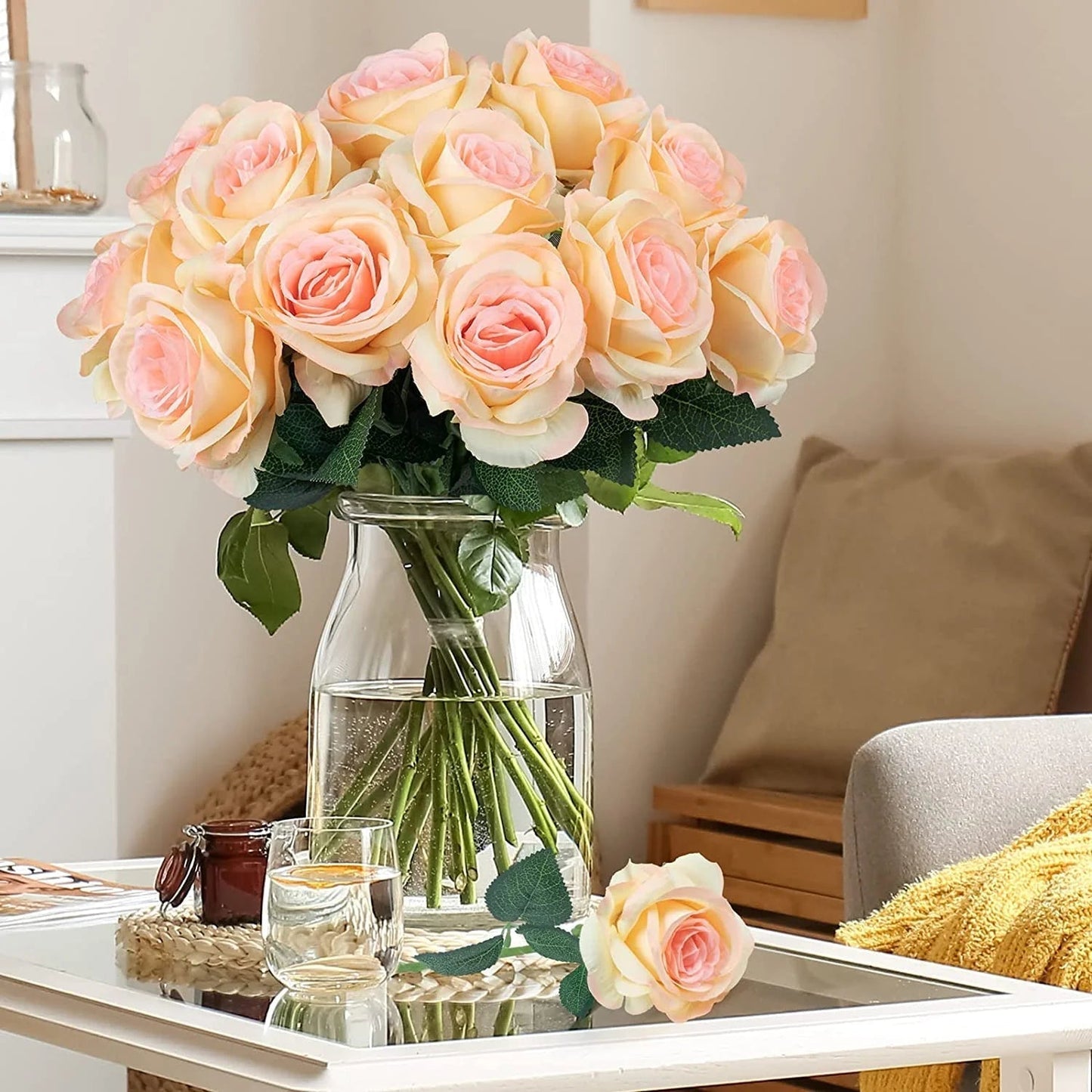 12PCS Artificial Roses Fake Flowers for Decoration, Champagne Silk Roses Single Stem Flowers Artificial Bouquet for Wedding Valentines Birthday Party Arrangment Centerpiece Home Table Decor