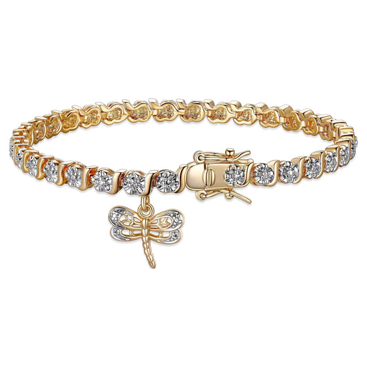 Diamond Accent Dragonfly Charm 18K Yellow Gold Plated 7.25” Tennis Bracelet, Adult Female