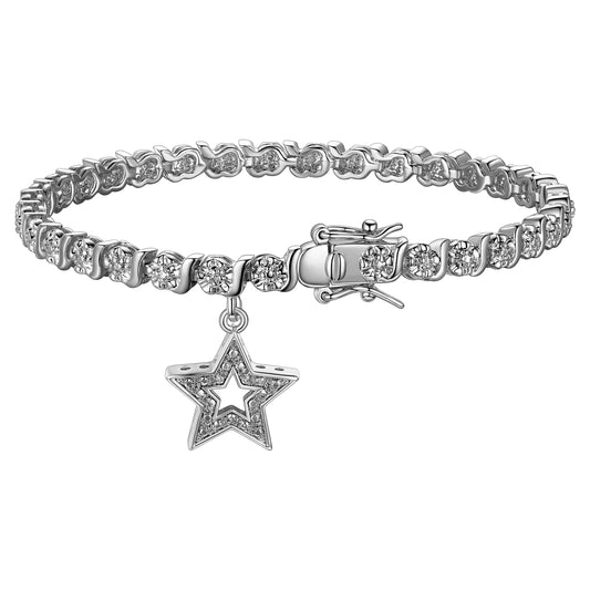 Diamond Accent Star Charm Rhodium Plated 7.25” Tennis Bracelet, Adult Female