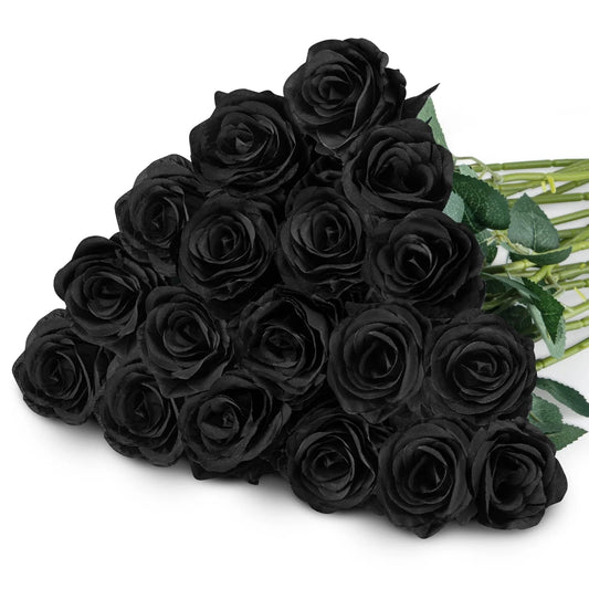 18 Pcs Fake Roses Artificial Flowers Black Silk Rose Flower Bouquet for Wedding Party Decorations Valentines Day Decor