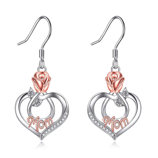 Mothers Day Gifts for Mom Mom Earrings 925 Sterling Silver Rose Flower Love Heart Mom Earrings Best Gifts for Mom Dangle Drop Hook Earrings Jewelry Gifts for Women Mother Birthday