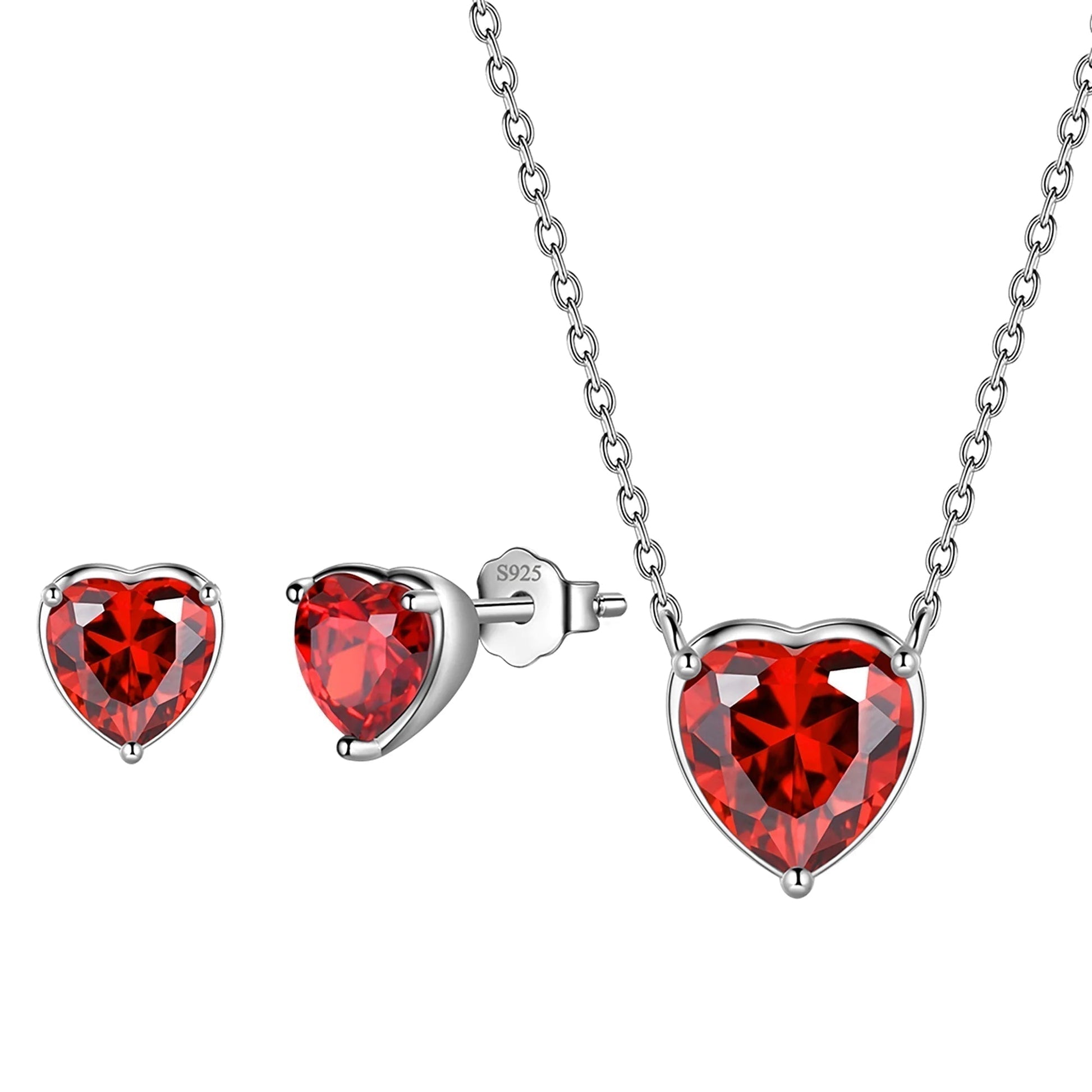 Heart Jewelry Set,925 Sterling Silver Heart Birthstone Pendant Necklace and Earrings Set for Women